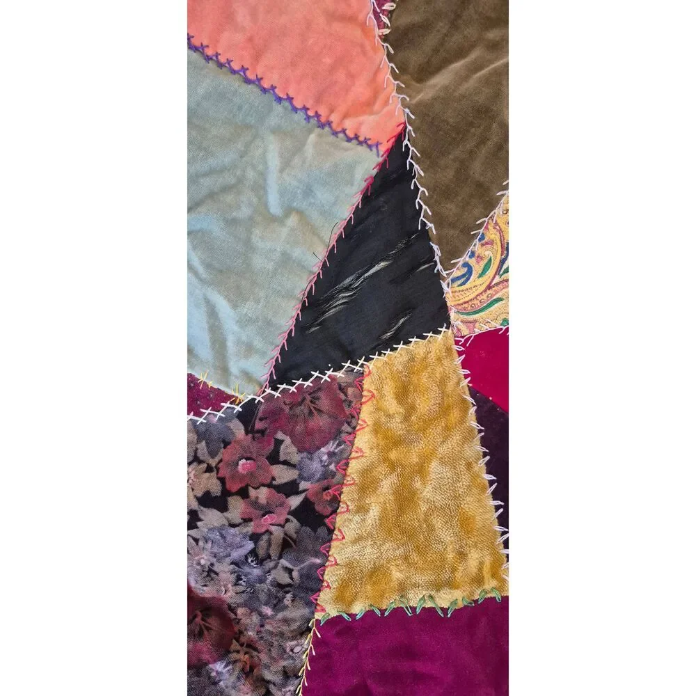 Vintage 1970s Handmade Velvet Crazy Quilt and Matching Pillow Set, Boho Eclectic